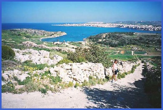 The view from the path between Selmun Palce and Mistra Bay and the narrow downward path. (the inlet to the centre of the photograph is Mistra Bay.)